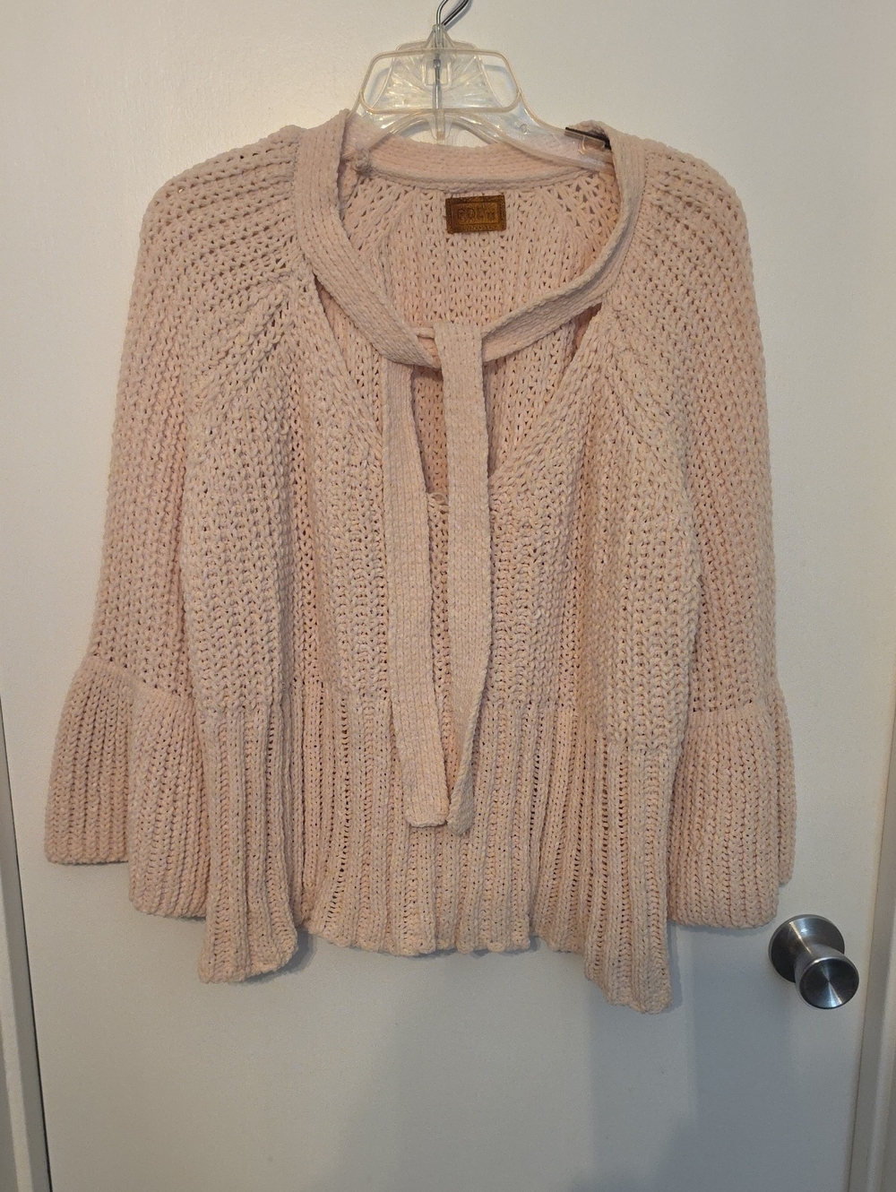 POL Pale Pink Tie-Neck Chunky Knit Cardigan
